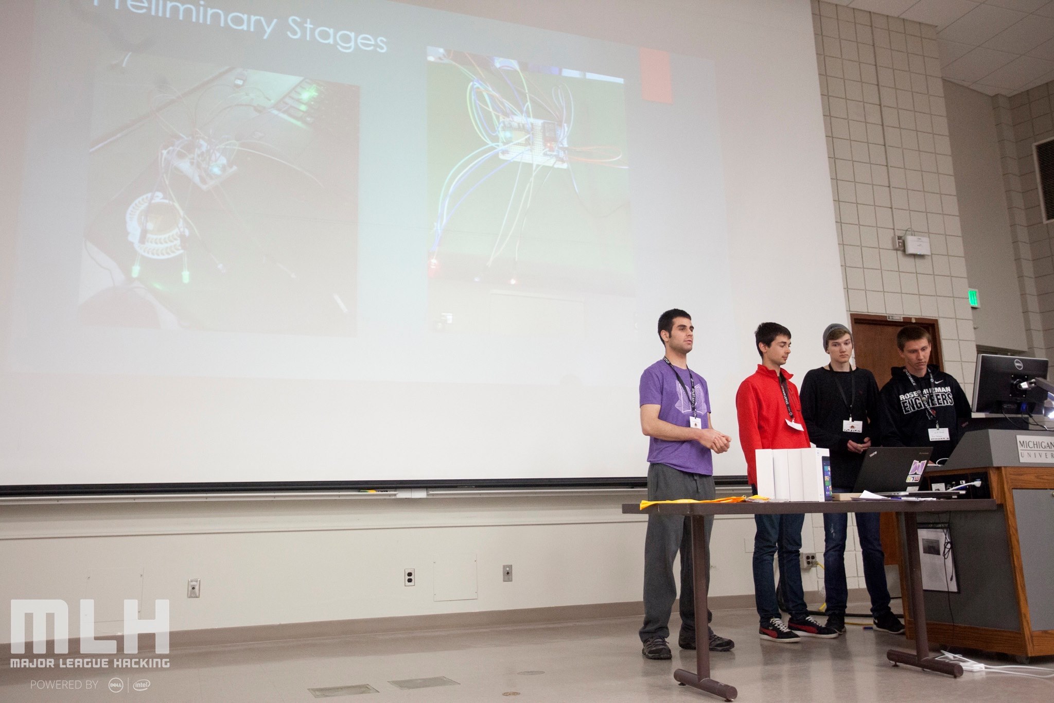 Spartahack 2015 - Presenting top ten project, 'Project Vitality' at Michigan State University engineering competition (Luke Kuza, far left)